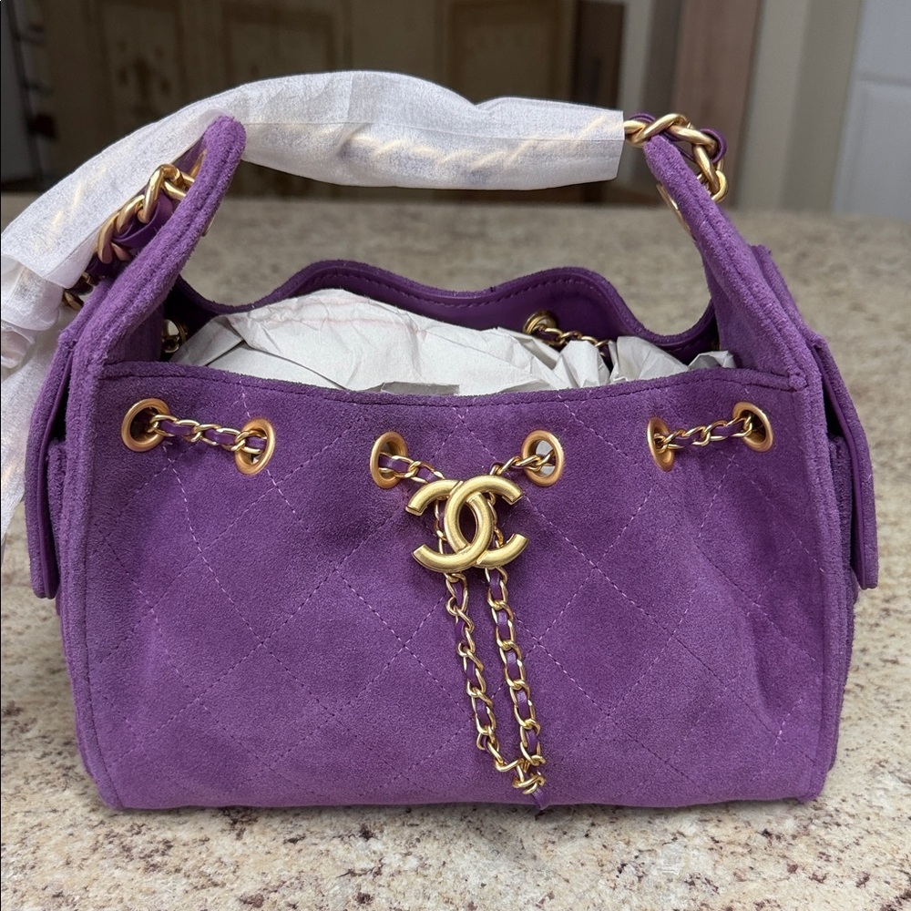 Fashion to Figure Purple Suede Shoulder Bag with Gold Hardware